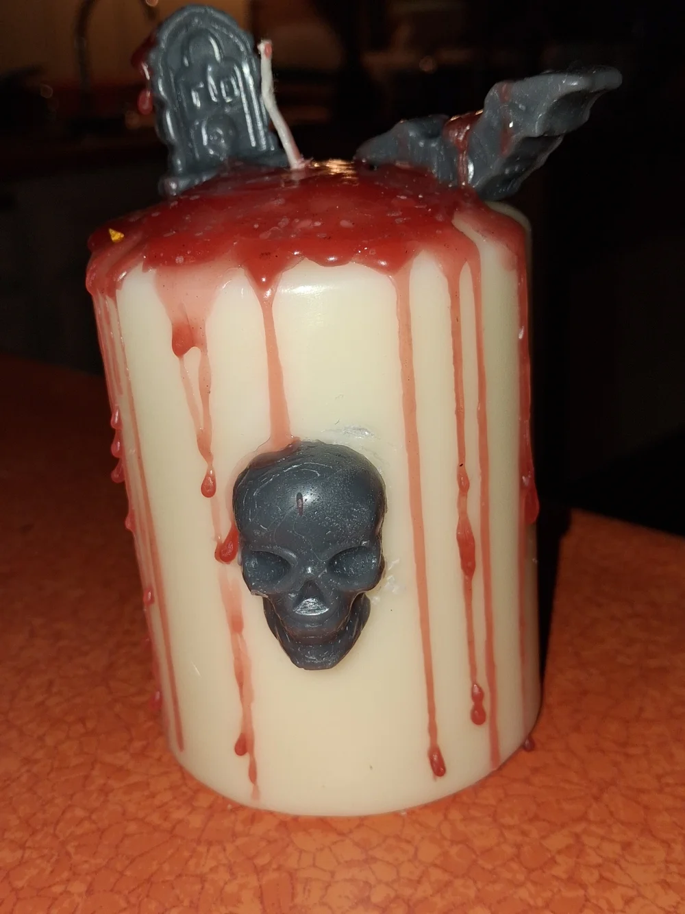 Hand-Poured Cream and Red Halloween Skull Candle